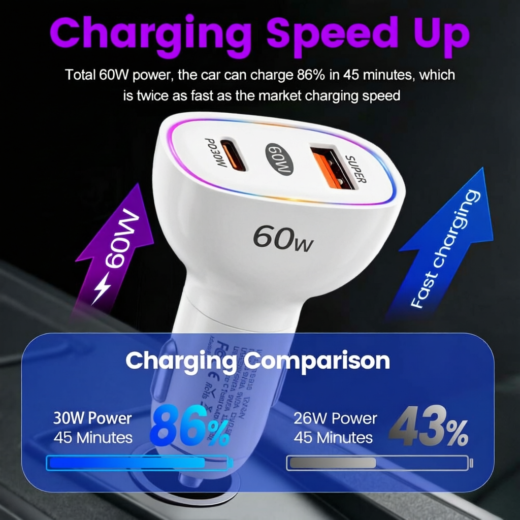 Dual Port 60W Car Charger USB  – Usb C Power Adapter Bewertung und Preis